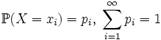 \mathbb{P}(X=x_i) = p_i,\; \sum\limits_{i=1}^{\infty} p_i = 1